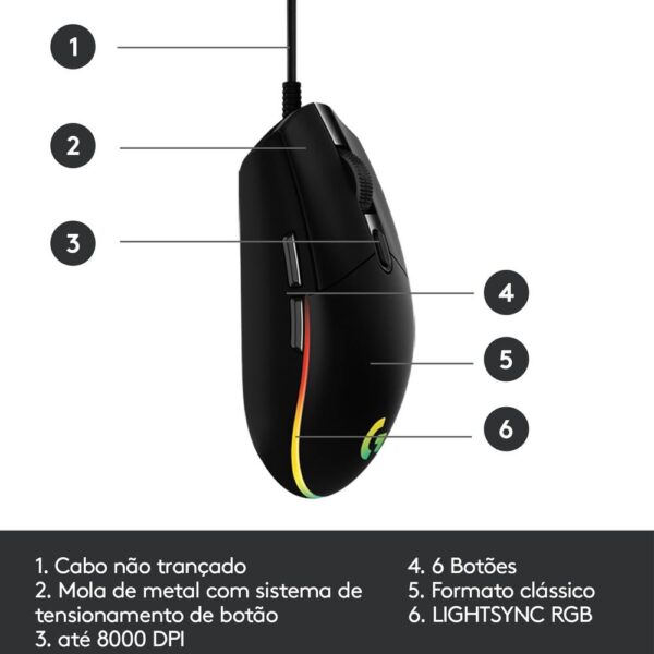 Mouse Gamer Logitech G203 LIGHTSYNC RGB, Efeito de Ondas de Cores, 6 Botões Programáveis e Até 8.000 DPI, Preto - 910-005793